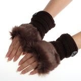 Women Winter Knitted Faux Fur Fingerless Gloves - Soft Warm Mitten