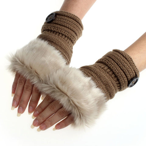Women Winter Knitted Faux Fur Fingerless Gloves - Soft Warm Mitten