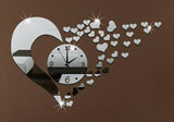 Hearts Mirror Living Room Wall Clock - DIY 3D Home Love Decor (Silver)